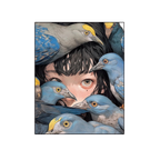 Boy amid pigeons