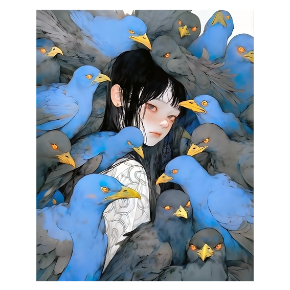 Girl amid pigeons