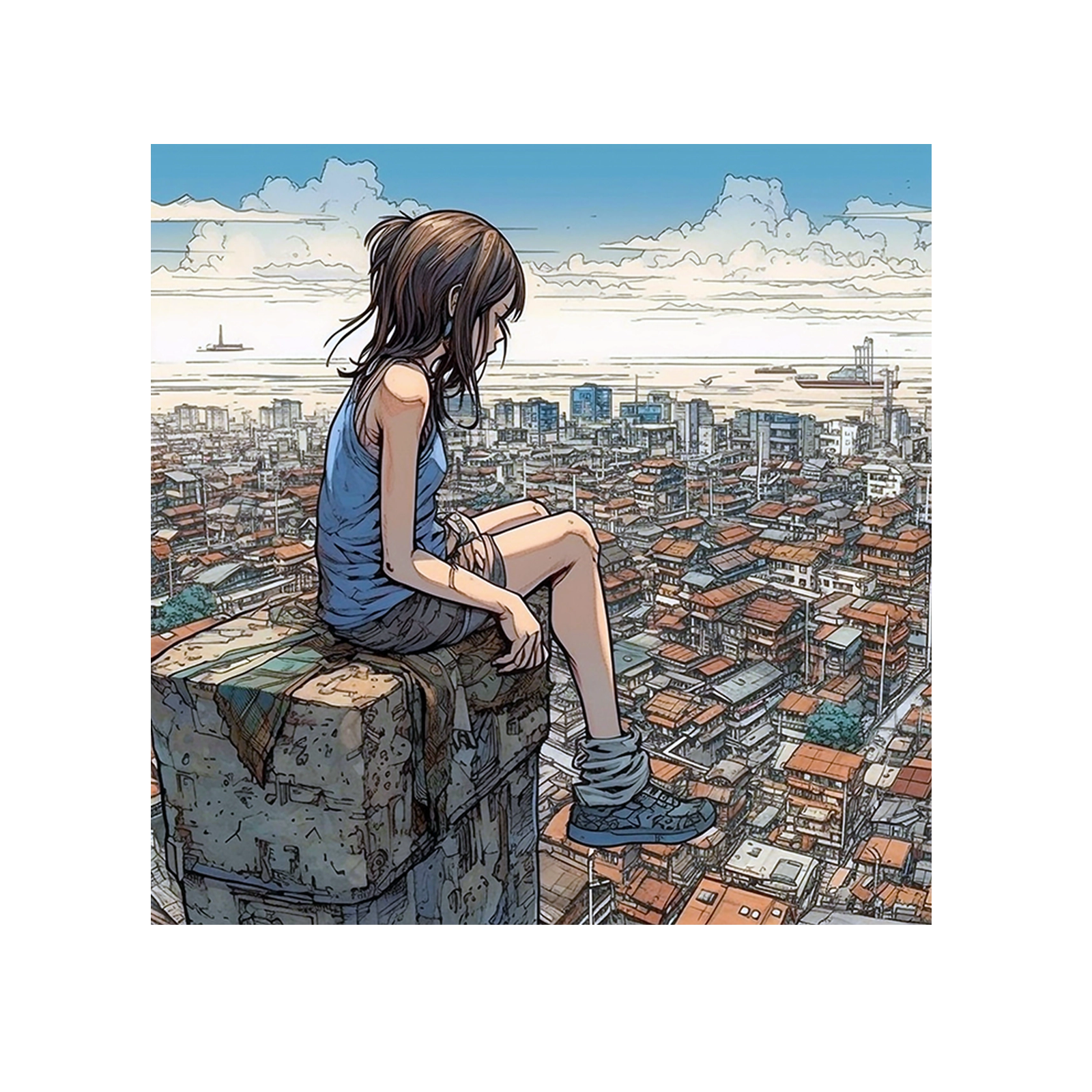 Lonely girl sitting on roof