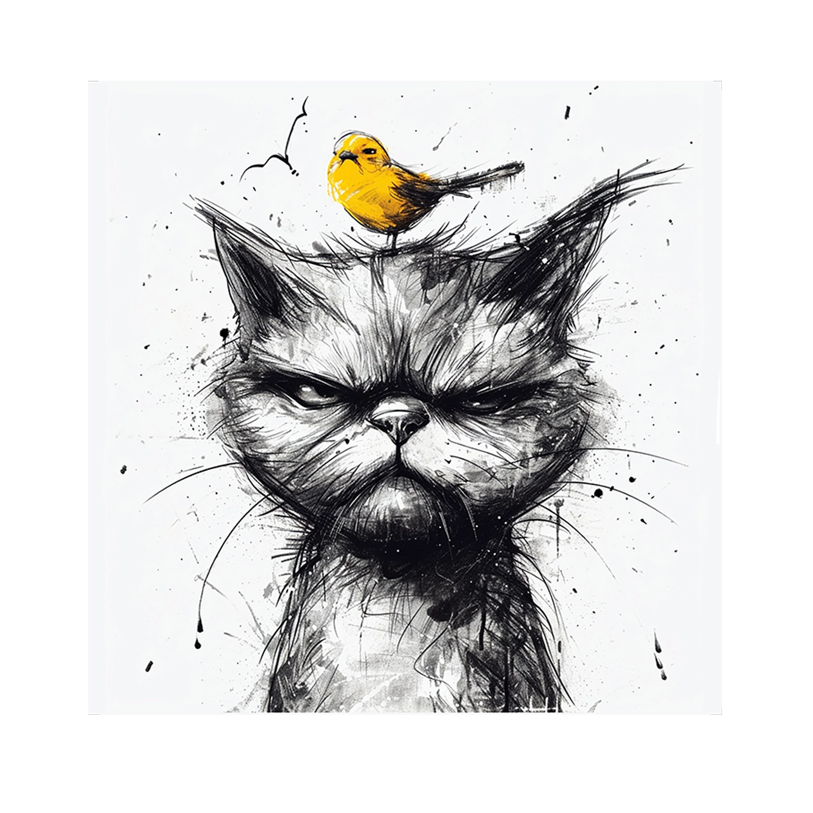 Zwarte kat met gele vogel