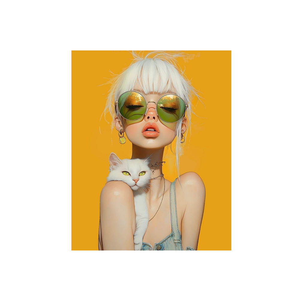 White haired girl and cat